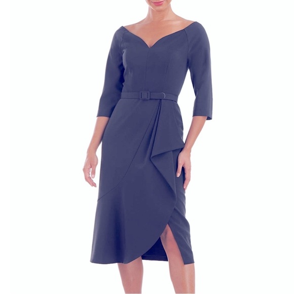 Kay Unger Izzy Midi Dress asymmetrical hem, Black - Picture 1 of 6